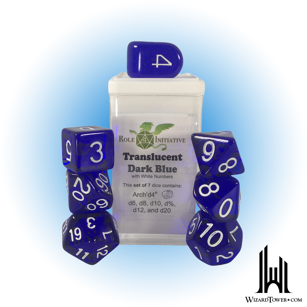 SET OF 7 DICE: TRANSLUCENT DARK BLUE/WHITE - ARCH D4